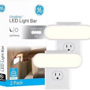 GE Ultrabrite LED Light Bar Night Light, 100 Lumens, 2 Pack, Dusk-to-Dawn Sensor, Auto/On/Off Switch, Plug-in, Ideal for Dark Spaces, Bedroom, Bathroom, Kitchen, Hallway, Garage, White, 46707