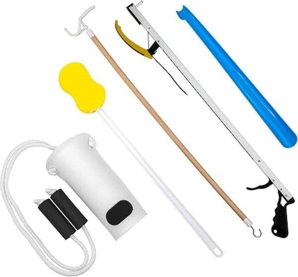 Hip Kit Daily Living Aids for Mobility, Hip Replacement Recovery, Knee and Back Surgery Includes Grabber Reacher, Bath Sponge Stick, Sock Aid, Shoehorn, Dressing Stick