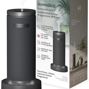 Homedics SereneScent Mini Fabric Rechargeable Waterless Diffuser, Cordless Aromatherapy Device, Use with SereneScent Oil 15ml (Sold Separately), Adjustable Mist Intensity & Ambient Light, Charcoal