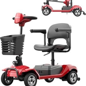 Hoverfly T4 Mobility Scooter, 4-Wheel Mobility Scooter for Adults - 12.4 Miles Range, 3.7 mph, Smart Safety Features, Removed Battery, Rotating Swivel Seat, Headlight, Basket, Charger Included Red