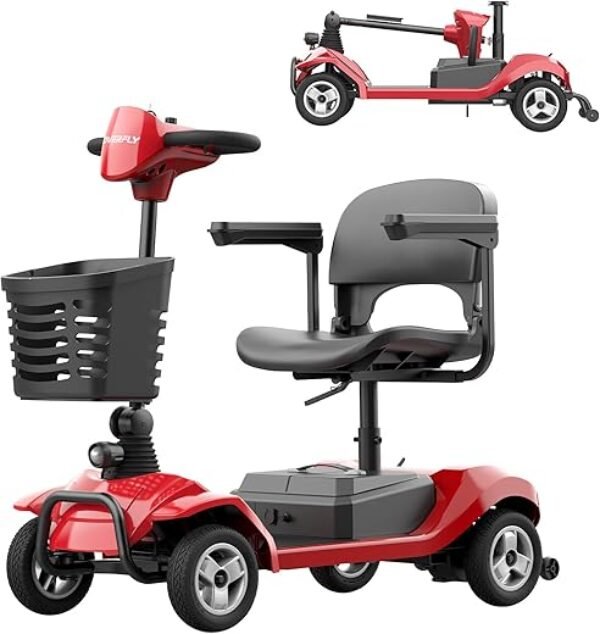 Hoverfly T4 Mobility Scooter, 4-Wheel Mobility Scooter for Adults - 12.4 Miles Range, 3.7 mph, Smart Safety Features, Removed Battery, Rotating Swivel Seat, Headlight, Basket, Charger Included Red