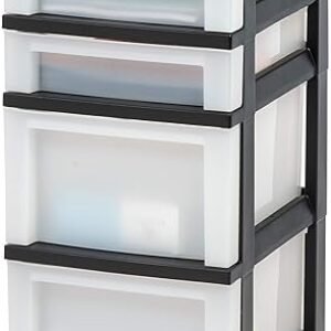 IRIS USA Plastic Drawer Storage Organizer Rolling Cart, with Wheels Casters, 4-Drawers, for Classroom Art Craft Supplies Dresser Closet Bathroom Bedroom, Top Organizer for Small Parts, Black/Pearl