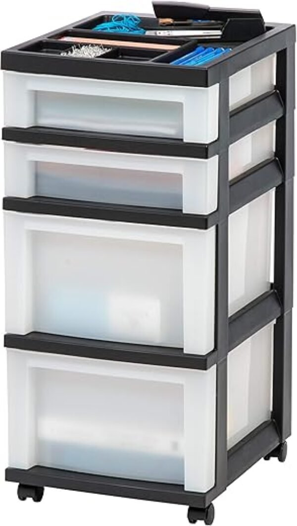 IRIS USA Plastic Drawer Storage Organizer Rolling Cart, with Wheels Casters, 4-Drawers, for Classroom Art Craft Supplies Dresser Closet Bathroom Bedroom, Top Organizer for Small Parts, Black/Pearl