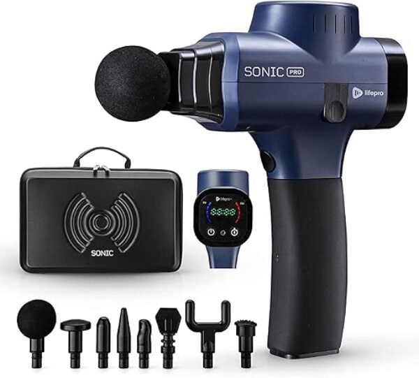 LifePro Sonic Pro Percussion Massage Gun - Deep Tissue Muscle Massager for Athletes with 8 Attachments for Neck and Back - Handheld Electric Back Massager