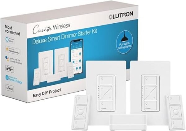 Lutron Caseta Original Smart Dimmer Switch Kit, 2 Dimmer Switches, 2 Wall Plates, 2 Pico Remotes, and Smart Hub, Works with Alexa, Apple Home, Google Home, 3 Way, 150W, No Neutral, P-BDG-PKG2W-A