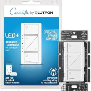 Lutron Caseta Smart Lighting Original Dimmer Switch (Lutron Smart Hub Required), for Light Bulbs, 150 Watt, Single-Pole/3-Way, No Neutral Required, PD-6WCL-WH, White