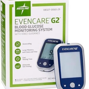 Medline EvenCare G2 Blood Glucose Monitoring Meter, Self-Testing Diabetic Care, 6 Sec Results, Batteries, Guide, Carrying Case, Logbook, Voice Assistance