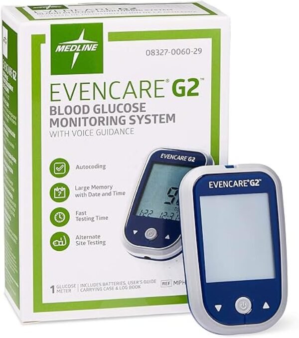 Medline EvenCare G2 Blood Glucose Monitoring Meter, Self-Testing Diabetic Care, 6 Sec Results, Batteries, Guide, Carrying Case, Logbook, Voice Assistance