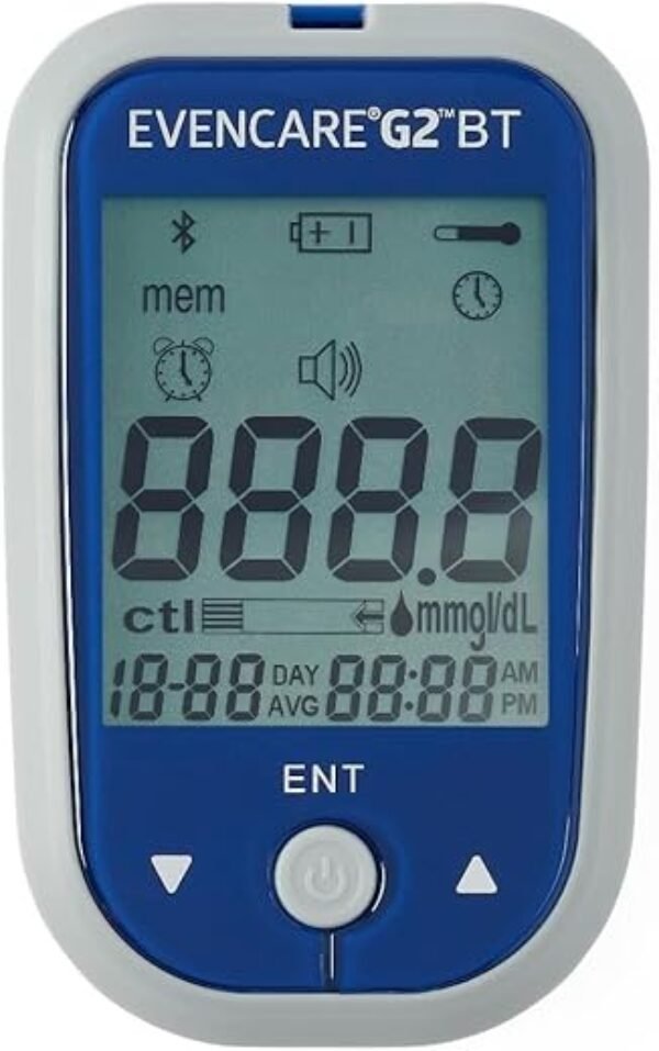 Medline EvenCare G2 Blood Glucose Monitoring Meter with Bluetooth Connectivity Starter Kit with Reusable Lancing Device, 10 Lancets, 10 Test Strips, User's Guide, and Carrying Case