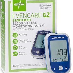 Medline EvenCare G2 Blood Glucose Monitor Starter Kit, Diabetic Care, 6 Sec Results, General Purpose Lancing Device & Lancets, Test Strips, Batteries, Guide, Carrying Case, Logbook, Voice Guidance