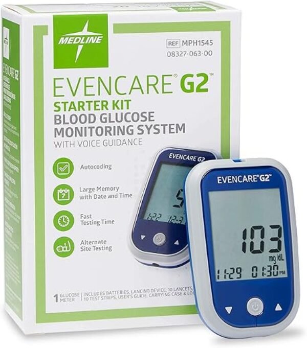 Medline EvenCare G2 Blood Glucose Monitor Starter Kit, Diabetic Care, 6 Sec Results, General Purpose Lancing Device & Lancets, Test Strips, Batteries, Guide, Carrying Case, Logbook, Voice Guidance