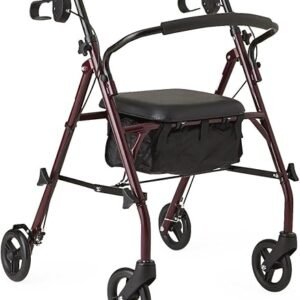 Medline Steel Rollator Walker with Seat, Burgundy, 350 lb. Weight Capacity, 6” Wheels, Foldable, Adjustable Handles, Rolling Walker for Seniors, Walker for Mobility Impaired