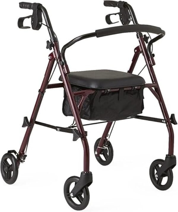 Medline Steel Rollator Walker with Seat, Burgundy, 350 lb. Weight Capacity, 6” Wheels, Foldable, Adjustable Handles, Rolling Walker for Seniors, Walker for Mobility Impaired