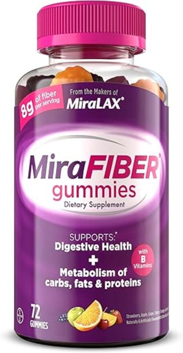 MiraFIBER Gummies, From The Gut Experts at MiraLAX, 8g of Daily Prebiotic Fiber with B Vitamins to Support Digestive Health and Metabolism, Fruit Flavored Fiber Gummies, 72 Count