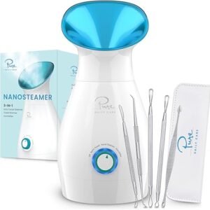 NanoSteamer Large 3-in-1 Nano Ionic Facial Steamer with Precise Temp Control - Humidifier - Unclogs Pores - Blackheads - Spa Quality - Bonus 5 Piece Stainless Steel Skin Kit (Teal)