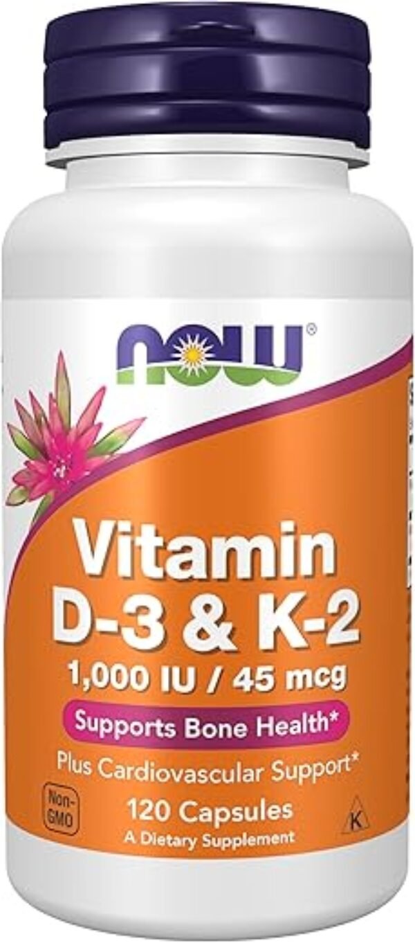 NOW Supplements, Vitamin D-3 & K-2, 1,000 IU/45 mcg,Plus Cardiovascular Support*, Supports Bone Health*, 120 veg Capsules