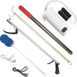 Rehabilitation Advantage 7 Piece Premium Hip or Knee Replacement Recovery Kit. 26-inch Reacher Grabber, Sock Aid, Shoehorn, Dressing Stick Aid, Bath Sponge, One Pair Black and White Elastic Shoelaces