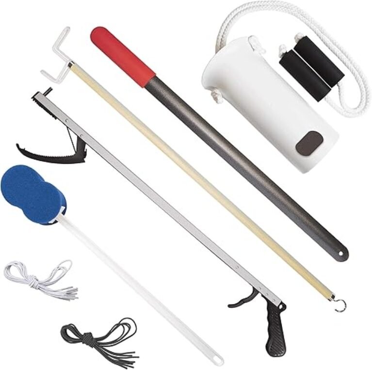 Rehabilitation Advantage 7 Piece Premium Hip or Knee Replacement Recovery Kit. 26-inch Reacher Grabber, Sock Aid, Shoehorn, Dressing Stick Aid, Bath Sponge, One Pair Black and White Elastic Shoelaces