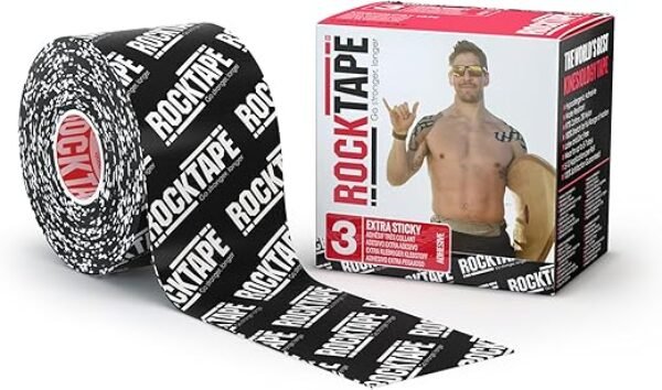 RockTape Extra Sticky 2" Kinesiology Tape (Logo, Black) - Athletic Tape for Muscle Pain Relief, Injury Recovery - Microscopic Skin Lifting & Decompression - Sweat & Water Resistant - Hypoallergenic