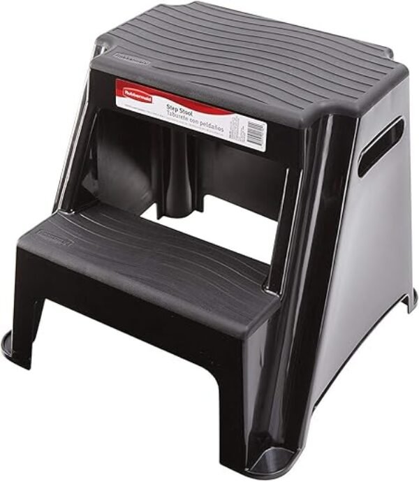 Rubbermaid 2-Step Molded Plastic Step Stool, Lightweight with Slip Resistant Treads and Non-Slip Feet, Black (Amazon Exclusive)
