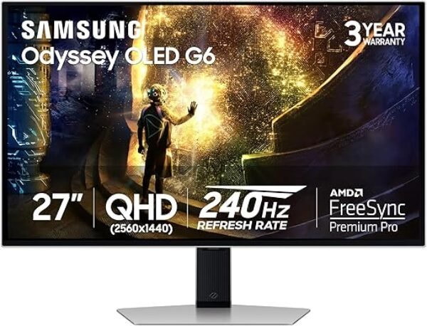 SAMSUNG 27” Odyssey QD-OLED G6 (G61SD) QHD 240Hz 0.03ms FreeSyncTM Premium Pro Gaming Monitor with Sleek Metal Design, 3 Year Warranty, US, LS27DG610SNXZA, 2024