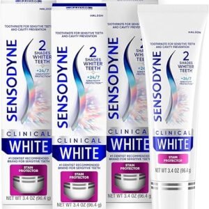 Sensodyne Clinical White Toothpaste Clinically Proven Whitening for Sensitive Teeth, Stain Protector, 3.4 oz x 3