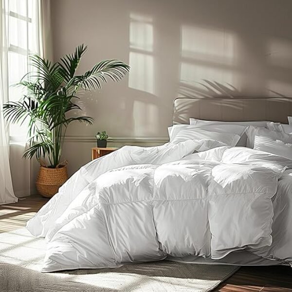 Serta Goose Feather Down Fiber Cotton Comforter Queen Size - 100% Cotton Duvet Insert - Hotel Luxury Hypoallergenic Bedding Comforter Light Warmth 90 x 90 Inch White
