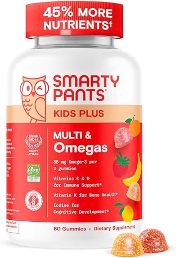 SmartyPants Kids Multivitamin Gummies - Improved Formula: Omega 3 (DHA/EPA), Vitamins D3, C, B12, B6, Vitamin A, K & Zinc, Gluten Free, Three Fruit Flavors, 60 Count (30 Day Supply)