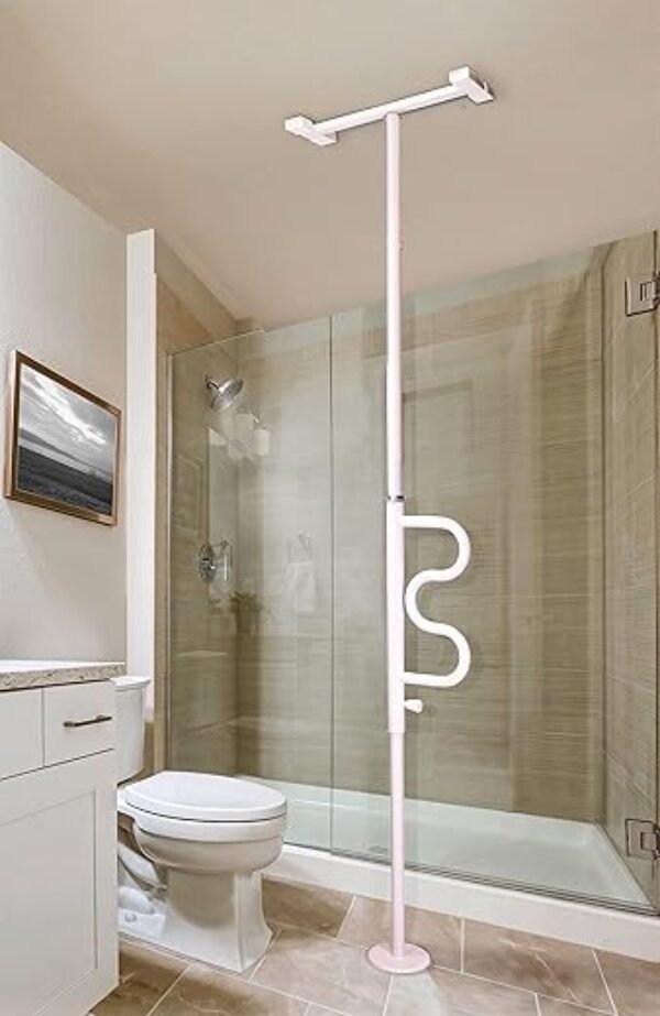 Stander Wonder Pole, Security-Pole and Curve Grab Bar, Tension Mounted Floor to Ceiling Transfer-Pole for Seniors, Elderly Adults, Bathroom Safety Assist and Stability Rail, White