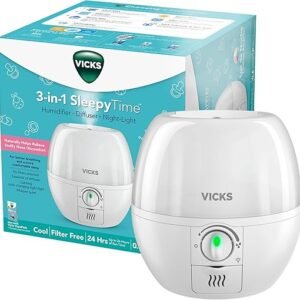 Vicks 3-in-1 SleepyTime Humidifier, No. 1 Brand Recommended by Pediatricians*. Cool Mist Humidifier with Night-Light, and Essential Oil Diffuser for Baby and Kids rooms. Visible Cool Mist, White.