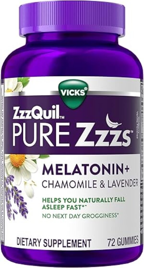 ZzzQuil PURE Zzzs Melatonin Gummies, Sleep Aid, Melatonin 2mg, with Chamomile & Lavender, Melatonin Sleep Gummies, Sleep Aids for Adults, Wildberry Vanilla Flavored, 72 Sleep Gummies