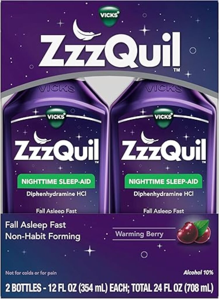 ZzzQuil, Sleep Aid, Nighttime Sleep Aid Liquid, 50 mg Diphenhydramine HCl, Fall Asleep Fast, Non-Habit Forming, Warming Berry Flavor, 12 FL OZ (Pack of 2)