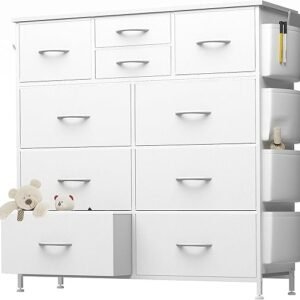 10 Drawer Dresser, Chest of Drawers for Bedroom, PU Dresser with Side Pockets, Hooks, Wooden Top and Sturdy Metal Frame for Living Room, Closet, Hallway (White)
