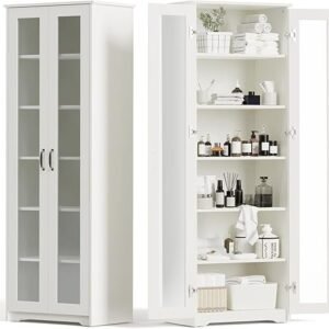70" Tall Display Cabinet Storage, Pantry Cabinet with 2 Doors and 6 Adjustable Shelves, Standing Utility Cabinet for Dining Room, Food Storage and Kitchen, Clear and White