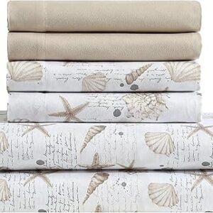 CARIBBEAN JOE 6-Piece Sheet Set with Cooling Pillowcases, 12-inch Deep Pockets, Tropical Beach Coastal Design, Queen, Shell Note Taupe