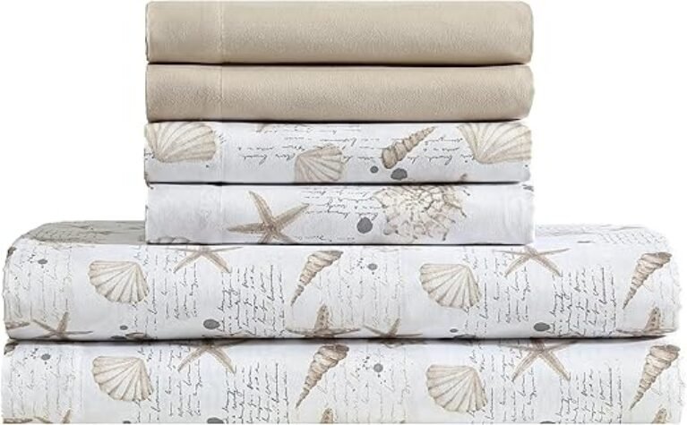 CARIBBEAN JOE 6-Piece Sheet Set with Cooling Pillowcases, 12-inch Deep Pockets, Tropical Beach Coastal Design, Queen, Shell Note Taupe