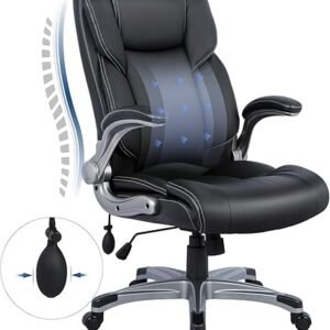 COLAMY High Back Executive Office Chair- Ergonomic Home Computer Desk Leather Chair with Padded Flip-up Arms, Adjustable Tilt Lock, Swivel Rolling Chair for Adult Working Study-Black