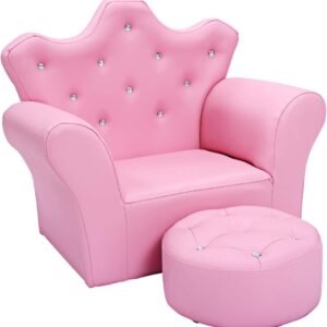 Costzon Kids Sofa, Children Upholstered Sofa with Ottoman, Princess Sofa with Diamond Decoration, Smooth PVC Leather Toddler Chair, Kids Couch for Boys and Girls, Gift for Toddlers (Pink)