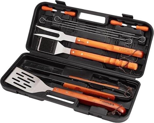 Cuisinart 13-Piece Wooden Grill Tool Set, BBQ Accessories and Grill Tools, Durable Stainless-Steel Utensils with Recycled Plastic Case, Spatula, Tongs, Cleaning Brush & More, Grilling Gifts for Men