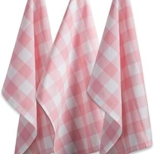 DII Buffalo Check Kitchen Collection, Classic Farmhouse Dishtowel Set, 20x30, Pink &White, 3 Piece