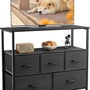 DUMOS TV Stand Dresser for Bedroom with 5 Fabric Drawer,Entertainment Center for 45 inch Television, Media Console Table with Storage, Open Shelf, Adjustable Feet, Living Room Furniture, Blac