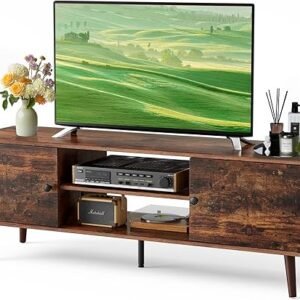 DUMOS TV Stand for 55 60 inch TV, Entertainment Center with Storage Cabinet, Mid Century Modern Media Console Table, Adjustable Hinge, Wooden Television Furniture for Living Room, Office - Brown