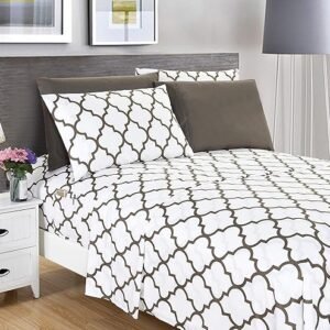 Elegant Comfort 6-Piece Quatrefoil Printed Deep Pocket Bed Sheet Set, Luxurious Silky 1500 Thread Count Bed Sheet Set Ultra Soft Wrinkle Resistant Bedding Set, Full, White