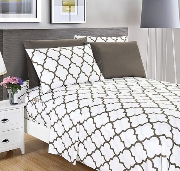 Elegant Comfort 6-Piece Quatrefoil Printed Deep Pocket Bed Sheet Set, Luxurious Silky 1500 Thread Count Bed Sheet Set Ultra Soft Wrinkle Resistant Bedding Set, Full, White