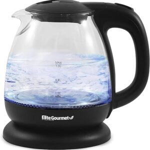 Elite Gourmet EKT1001 Electric 1.0L BPA-Free 1100W Glass Kettle Cordless 360° Base, Stylish Blue LED Interior, Handy Auto Shut-Off Function – Quickly Boil Water For Tea & More, Black