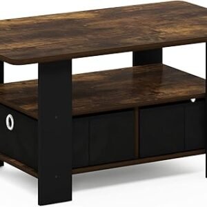 Furinno Andrey Coffee Table with Bin Drawer, Amber Pine/Black Small Non-Lift Top