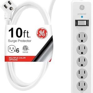 GE 6-Outlet Surge Protector, 10 Ft Extension Cord, Power Strip, 800 Joules, Flat Plug, Twist-to-Close Safety Covers, ETL Listed, White, 14092