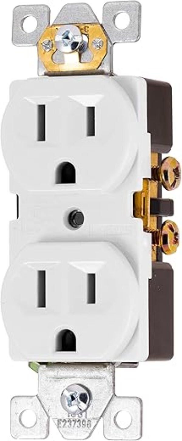 GE UltraPro Duplex Heavy-Duty Receptacle, White, Wall Outlet, Reinforced Yoke, Self-grounding Clip, 3 Prong, Supports 15A, UL Listed, 42157