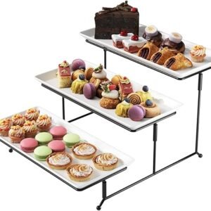 Gibson Home Gracious Dining Dinnerware, 3-Tier Rectangle Plate Set with Metal Stand, White