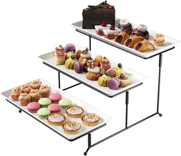 Gibson Home Gracious Dining Dinnerware, 3-Tier Rectangle Plate Set with Metal Stand, White